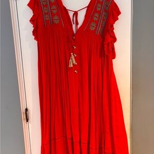 Red Embroidered Free People Women's Dress